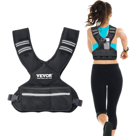 VEVOR Verstelbaar Gewichtsvest 5-9,1 kg, met 6 ijzeren zandgewichten en reflecterende strip, lichaamsgewichtsvest trainingsset voor mannen en vrouwen, trainingsuitrusting voor krachttraining hardlopen
