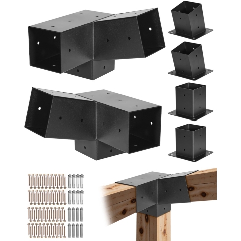 VEVOR paalverbinders, 3-weg hoekbeugels voor houten balken van 92x92 mm, 2-pack pergolabeugels met 2 paalvoeten en 2 wandmontagevoeten, voor pergola's, prieeltjes en buitenschuurtjes