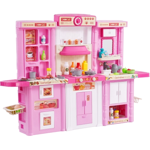 VEVOR Kinderkeukenset, 3-in-1 peuterkeuken met gesimuleerde sproeier, geluiden en lichtjes, speelkeukenset met 74-delige kookaccessoires voor kinderen van 3-8 jaar, roze