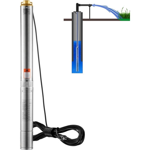 VEVOR Diepwaterpomp, 3 pk/2200 W, 230 V/50 Hz, 9,8 m³/u debiet, 144 m opvoerhoogte, met 9,1 m stroomkabel, roestvrijstalen waterpompen voor industrie, irrigatie en huishoudelijk gebruik, IP68 waterbestendigheid
