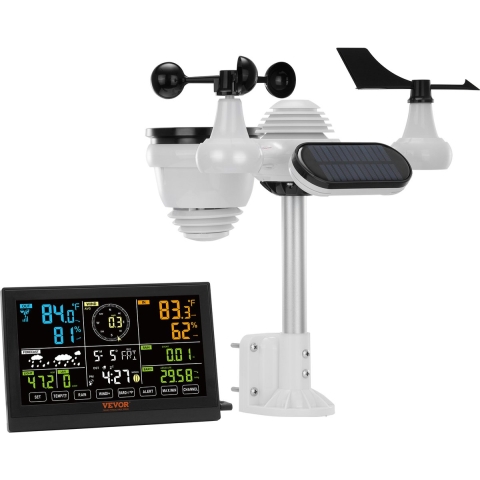 VEVOR 7-in-1 weerstation Draadloos weerstation met buitensensor  19cm (7.5-inch) kleurendisplay RCC atoomklok voor het meten van windrichting, windsnelheid, luchtdruk, binnen-/buitentemperatuur en vochtigheid, maanfase geen WIFI