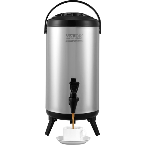 VEVOR Warme en koude drankendispenser 9,2L, roestvrijstalen warm- en koudwaterfontein, grote drankendispenser met kraan en draaggreep voor koffie, water, sap, geïsoleerde kan voor cafés en bars
