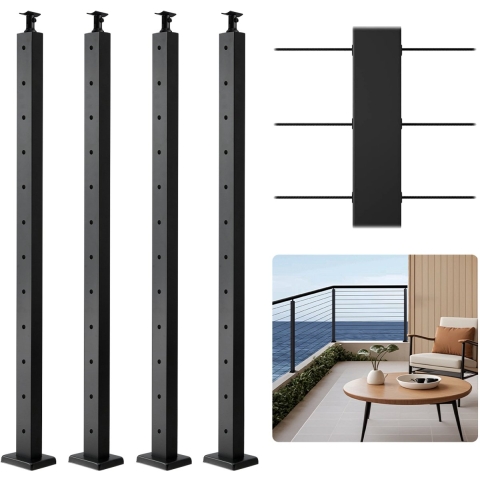 VEVOR kabelleuningpaal, 4-pack, 1067x50,8x50,8 mm, voorgeboord horizontaal gat, roestvrij staal SUS304, gebogen horizontale beugel, voor leuning, balustrade, zwart, 4JZLGZXHS106URZU0001V0