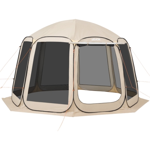 VEVOR Campingtent, 365,76 x 335,28 x 230 cm, pop-up tent met uitschuifbare luifel, partytent voor 10-12 personen, incl. draagtas en gaaswanden, voor terras en buitenactiviteiten, beige