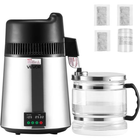 VEVOR Waterdestilleerder 6 L Groter Zuiver Waterfilter, 900 W Glazen Distilleerder, Drinkwaterapparaat met RVS Binnenwerk voor het Maken van Schoon Water, Waterdestilleerder Zilver