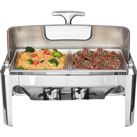 VEVOR 1 st. warmhoudcontainer, chafing dish set met roldeksel 5 L x 2, rechthoekige roestvrijstalen warmhoudcontainer, buffetset inclusief deksel met kijkglas en eettang, voor restaurants, buffetten, scholen, enz.