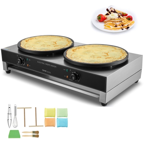 VEVOR Elektrische Crêpemaker met dubbele kop, 6000W platte pannenkoekenbakplaat, roestvrijstalen pannenkoekenmaker, ontbijtgranenpannenkoekenmaker, temperatuurregeling (zonder stekker)