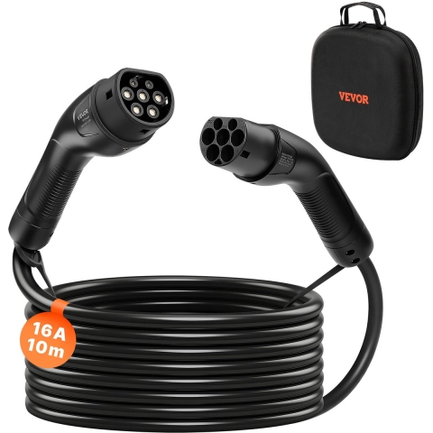 VEVOR EV-oplaadkabel, 16 A, 10 m, max. 11 kW, verlengsnoer, compatibel met type 2 elektrische voertuigladers, 3-fase AC 480 V 50 Hz, IP65, autolaadkabel met draagtas