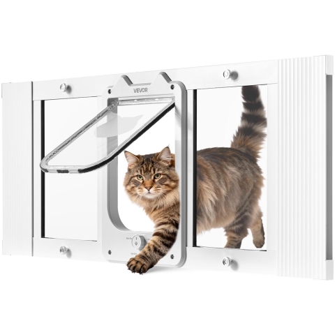 VEVOR Kattenluik/kattendeur, verstelbaar voor raambreedtes (787-914 mm), weerbestendig huisdierluik met 4 veilige vergrendelingsstanden, aluminium frame, helder glas en magnetische sluiting, wit