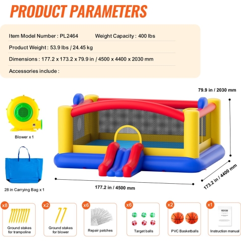 VEVOR Opblaasbaar Springkussen, Hoogwaardig Buitenspeelhuis Trampoline, Springkussen met Blower, Glijbaan en Opbergzak, 450 x 440 x 203 cm Springkussen voor de Familietuin