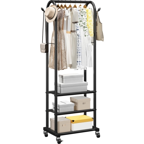VEVOR Kledingrek op wielen met kledingstang en 3 planken, draagvermogen tot 45 kg, robuust kledingrek van koolstofstaal voor slaapkamer, wasruimte, woonkamer