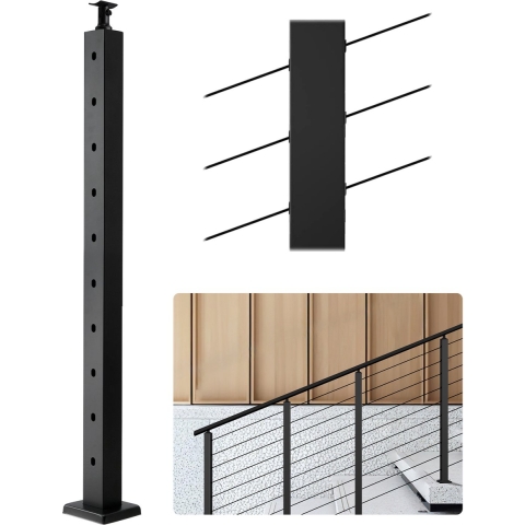 VEVOR kabelleuningpaal, 914 x 50,8 x 50,8 mm, leuningpaal met 30° voorgeboorde gaten, roestvrij staal SUS304, gebogen beugel, voor leuning, balustrades, zwart, 1JZLGZXHS914YIVIS001V0