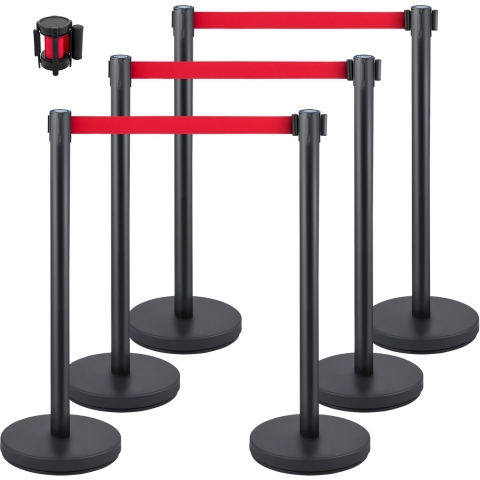 VEVOR Barrières voor Menigtecontrole 90 cm Wachtrijlijn Touw 6-Delige Set Touw Barrière Stanchion Wachtrij Zwart/Rood Demenigte Verdelen Het Beheersen Mensenmassa Worden Toegepastin Openbare Plaatsen