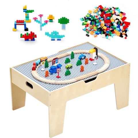 VEVOR Activiteitentafel, 290 bouwstenen en 30-delige houten treinset, trein, voertuigen, rails en accessoires, houten speeltafel voor kinderen met opbergruimte voor kinderen vanaf 3 jaar