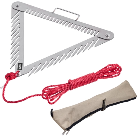 VEVOR Vijverhark 515x540x9 mm, driezijdige onkruidhark met steel, opvouwbare vijverhark, roestvrijstalen vijveronkruidsnijder met 9 m lang touw, voor meren en vijvers