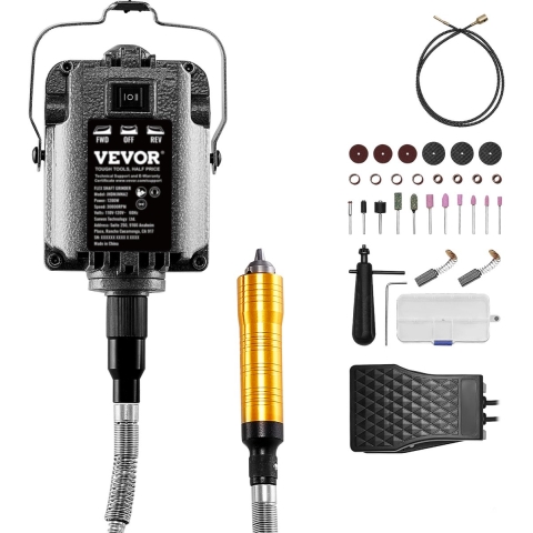 VEVOR Flex Shaft Sander, 1200W, 30.000 RPM, Flex Shaft Rotary Tool, Multifunctionele Hangende Schuurmachine met 31 Accessoires & Voetpedaal voor Houtsnijden, Polijsten, Boren & Polijsten