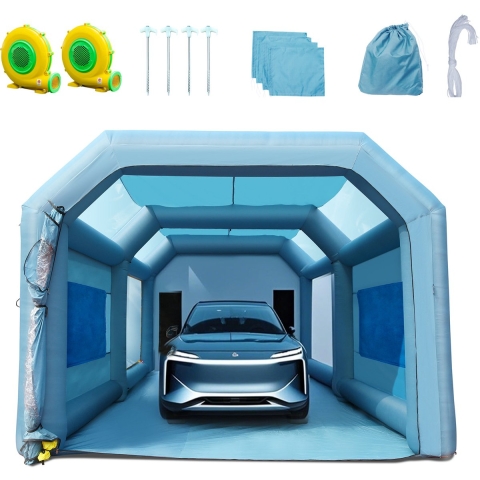 VEVOR Draagbare opblaasbare verfspuitcabine voor spuiten 480 + 950 W, 6,8 x 3,5 x 2,8 m spuitbeschermingscabine voor doe-het-zelfprojecten, hobbyverfmachine, blauwe 210D Oxford-stof autospuitcabine