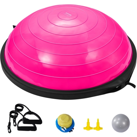 VEVOR Halve Oefenbal Trainer, 66 cm Balansbal Trainer, Draagvermogen 680 kg Stabiliteitsbal, Yogabal met Weerstandsbanden en Voetpomp, Yogabal Kracht Fitnessbal voor in de Home Gym, Roze