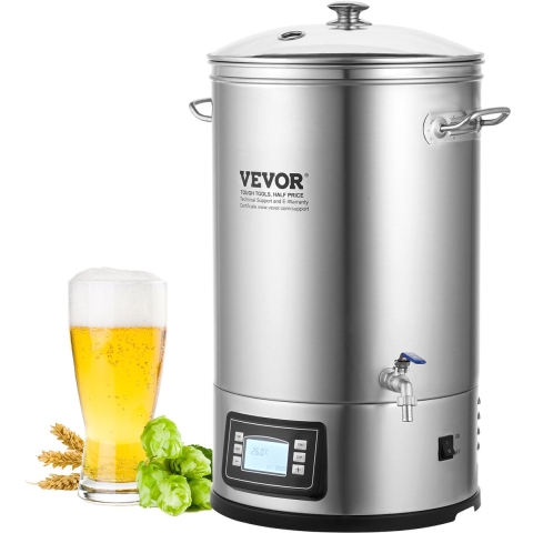VEVOR RVS bierbrouwketel 35 L, Ketel voor het brouwen van bier, Accessoires voor het thuis brouwen van bier, Set bierbrouwapparatuur inclusief glazen deksel, handvat, kraan, elektronisch bedieningspaneel, commercieel