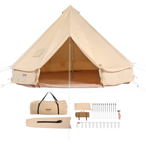 VEVOR Bell Tent 4 x 2,5 m Yurt Tent TC Katoen en stevige ijzeren palen met een PVC grondzeil Kampeertent 6-persoons familietent 8 ramen groepstent voor buitenavonturen
