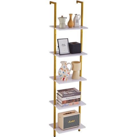 VEVOR Ladderplank met metalen frame, 5 niveaus, wandgemonteerde boekenplank, 40 x 30 cm, zwevende plank, opbergrek, houder voor kleine spullen voor keuken, slaapkamer, badkamer, woonkamer, goudwit