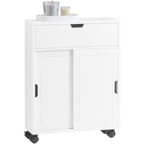 SoBuy BZR31-W Badkamerkast Met 2 Schuifdeuren en Lade - Met Wielen - 67 x 52 x 17 cm - Wit