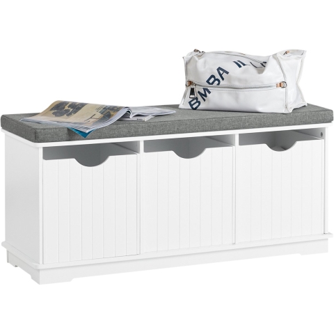 SoBuy Schoenenkast met gestoffeerd zitvlak - 3 Manden -Landelijk - Max. 120 kg -100 x 36 x 46 cm - Wit / Grijs