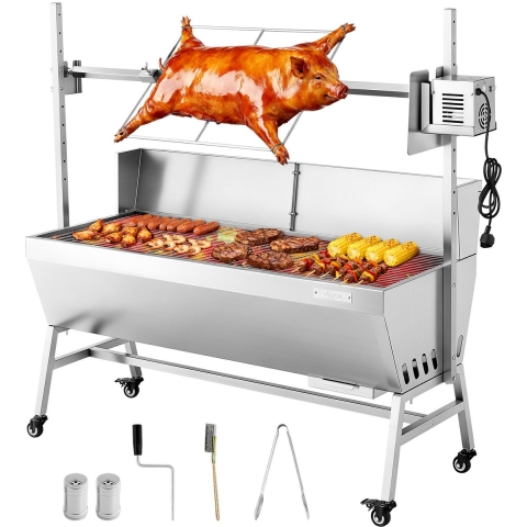 VEVOR Rotisserie Grill 38 W Speenvarken Grill Lam Grill Houtskool Grill (1218 mm Grilllengte) met 60 kg draagvermogen & wielen & 4-voudige hoogteverstelling & beschermhoes, elektrische grillset voor kamperen