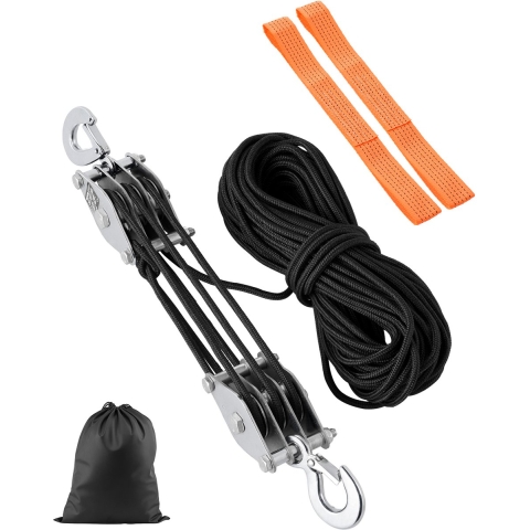 VEVOR katrolblok met 2 T breeksterkte, 30 m, 5:1 hefvermogen, zware staaldraadtakel met 2 zachte lussen, metalen wiellagerstructuur, afbuigpoelie, universele staaldraadtakel voor het heffen van zware voorwerpen