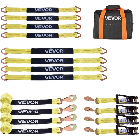 VEVOR Wielbevestigingsband (50,8 x 2438,4 mm) met veerhaken en een treksterkte van 4540 kg en een draagvermogen van 1512 kg, Motorfietsbevestigingssysteem Wielbevestigingsband Bandenband voor SUV's en aanhangers, Geel