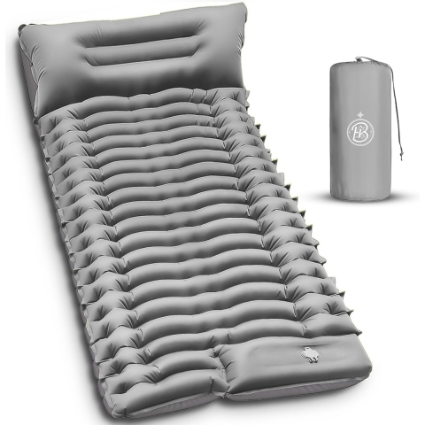 Kochar Slaapmat zelfopblazend - Slaapmat met ingebouwde voetpomp & hoofdkussen - Extra groot formaat - Camping matras - Slaapmatje - Grijs