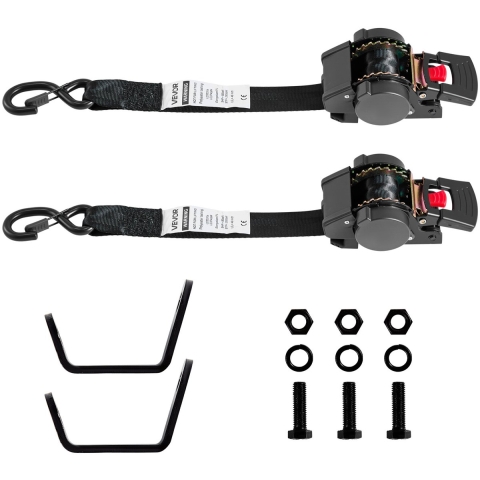 VEVOR Wielbevestigingsriem (44,45 x 1219,2 mm) met S-haken, treksterkte van 748 kg en draagvermogen van 250 kg, Motorfietsbevestigingssysteem Wielbevestigingsriem Bandenriem voor SUV's en aanhangers, Zwart
