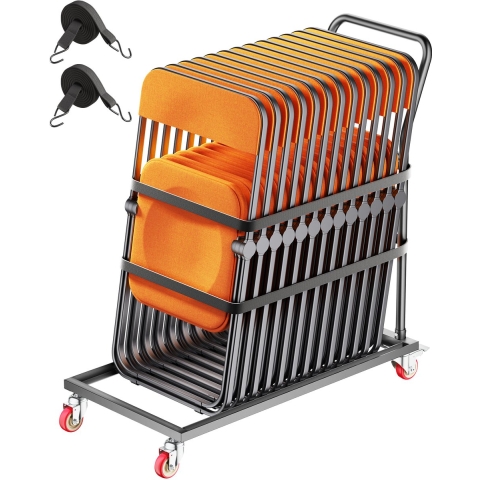 VEVOR opklapbare stoelstandaard, draagvermogen 136 kg, L-vormige stoeltrolley voor verticale plaatsing van 25 stoelen, metalen transporttrolley met rubberen wielen, multifunctionele stoelhouder, matzwart
