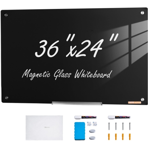 VEVOR Magnetisch Glazen Whiteboard, Whiteboard 90 x 60 cm, Groot Wit Glasbord voor Wandmontage zonder Frame, met Pennenbakje, Wisser en 2 Pennen, Magnetisch Bord Zwart
