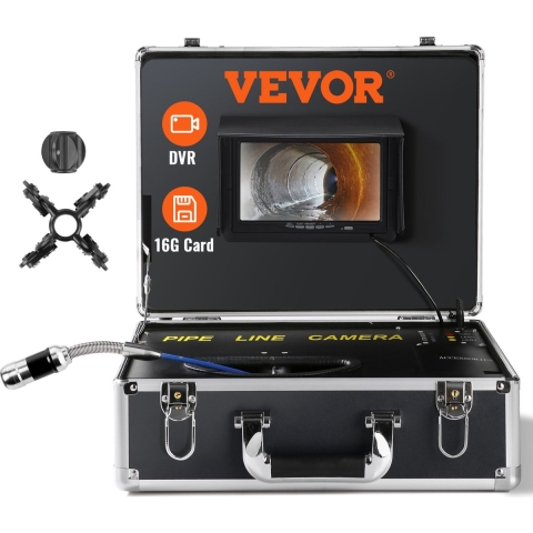 VEVOR Rioolcamera, 20 m, 7 inch scherm, buisinspectiecamera met DVR-functie, IP68-camera, 12 verstelbare LED's, met 16 GB SD-kaart voor rioolleidingen en afvoerbuizen