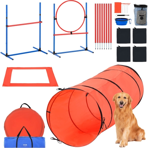 VEVOR Agility Training Equipment voor honden, 5-delige combinatieset met verstelbare hoge hindernissen, 6 slalompalen, tunnel, springring, rustbox, fluitje, opvouwbare voerbak, hindernisbaanset voor puppy's met 2 tassen