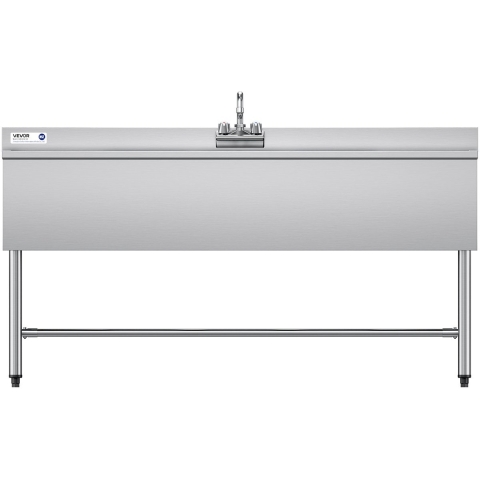 VEVOR 3-koms spoelbak met 2 afvoeren en spatbescherming, keuken spoelbak (1524 x 470 x 838 mm), keuken spoelbak voor restaurants, foodtrucks en privégebruik, roestvrijstalen spoelbak met kraan