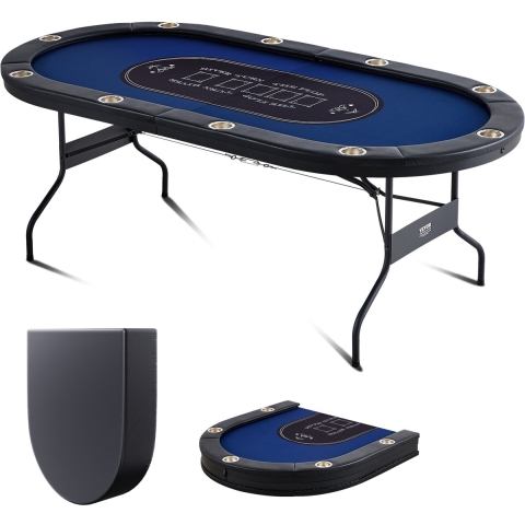 VEVOR Casino Pokertafel Opvouwbare tafelpoten 2140 x 1070 x 760 mm (L x B x H), Opvouwbare pokertafel, Zwart & blauw pokerblad opvouwbare tafel voor 10 spelers, Pokertafel met stofkap, draagbaar