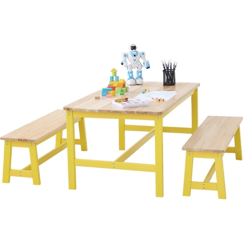 VEVOR Kinderzitgroep Kindertafel, 2 banken 1 tafel Kinderzitgroep van massief hout, Kindertafelset Stabiel kindermeubilair Zitmeubelen voor kinderen, meisjes, jongens, speelkamer Kindermeubelset Geel
