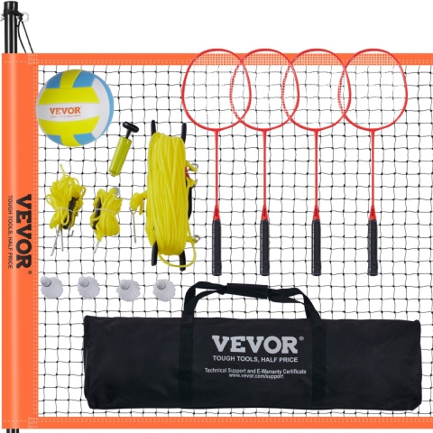 VEVOR Volleybalnet, in hoogte verstelbaar badmintonnet, 91,44 x 970 cm, draagbaar beachvolleybalnet, oranje volleybalnet, opvouwbaar volleybalnet met volleybal, draagtas en badmintonracket