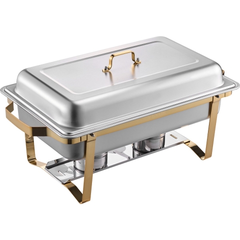 VEVOR Chafing Dish Set RVS Voedselwarmer met 2 grote pannen (7,5 L) en 4 halve pannen (4 L), Rechthoekige Horeca Warmtedispenser met Deksel en Waterpanstandaard, Goud