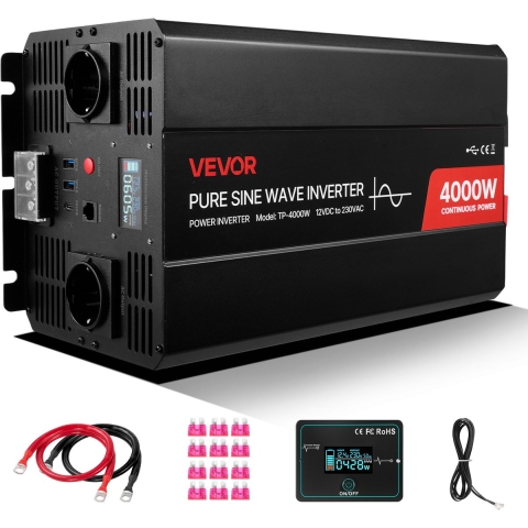 VEVOR 4000W omvormer, 12V DC naar 230V AC, zuivere sinusomvormer, met LCD-scherm, afstandsbediening, 2 USB-poorten, 2 stopcontacten, Type-C-connector, voor campers, vrachtwagens en buitengebruik