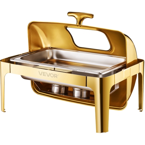 VEVOR Chafing Dish Set Voedselwarmer Roestvrij Staal met Pannen van Volledig Formaat (8,5 L), Rechthoekige Warmtedispenser met Zichtbaar Deksel & Waterpanstandaard & Brandpastahouder, voor Feesten Goud
