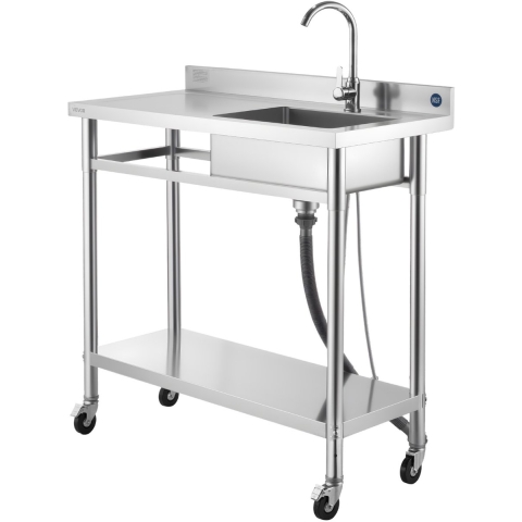 VEVOR RVS spoelbak (1000 x 500 x 1055 mm), enkele kom met kraan en wielen, keukengootsteen voor garage, restaurant, wasruimte, buitenwasbak met werkblad (links)