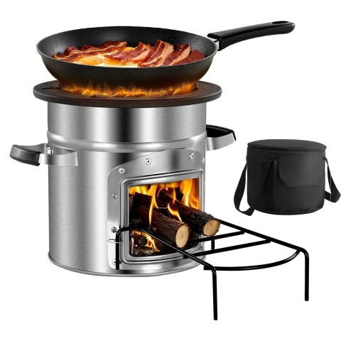 VEVOR Rocket Stove, BBQ Rocket houtkachel met draagtas, roestvrij staal, enkele deur, voor het verbranden van takjes, stokjes of houtskool voor koken in de buitenlucht, kamperen, buitenkachel, campinggrill