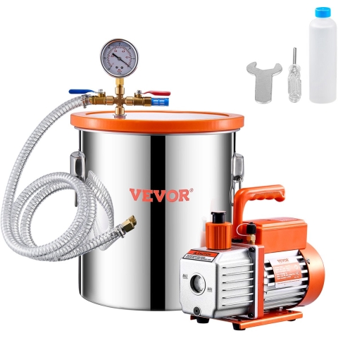 VEVOR 18,93 L vacuümkamer & 3,5 CFM pomp, roestvrijstalen kamer, enkeltraps vacuümpomp ontgassingskamerset, met acryl deksel, olie, 1,5 m slang, vacuümpompset voor ontgassing van hars, siliconen epoxyharsen