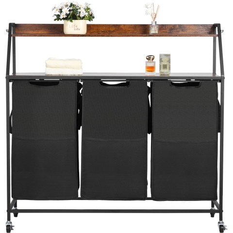 VEVOR Wasmand Wassorteerder met 3 compartimenten (600D Oxford-stof) en houten tafelblad, wasverzamelaar op wielen met ladderplanken, wasscheider Wassorteersysteem voor vuile was