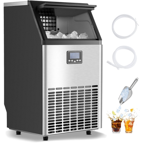 VEVOR Commerciële ijsmachine, 150 lbs/24 uur, 45 ijsblokjes in 15 minuten, vrijstaande ijsmachine met 33 lbs grote opslagcapaciteit voor bar, kantoor, restaurant, met LED-digitaal display en zelfreinigend
