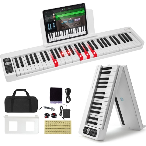 VEVOR 61-toetsen opvouwbare piano, Bluetooth en MIDI, draagbare elektronische digitale opvouwbare piano met sustainpedaal, aanslaggevoelige toetsen met achtergrondverlichting, tas, oplaadbaar voor beginners, tieners en volwassenen, wit