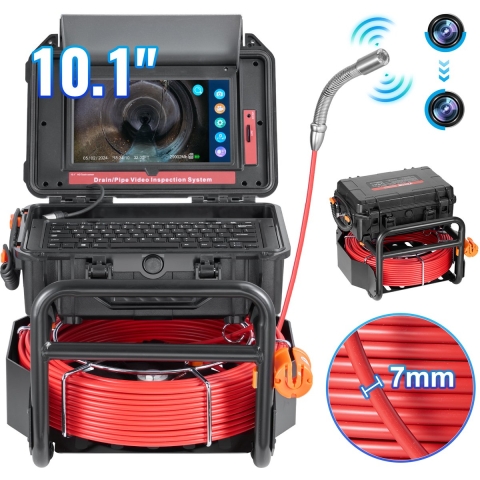 VEVOR Rioolcamera, 50 m zelfnivellerende buiscamera met 10,1-inch touchscreen, 512 Hz-zender en afstandsmeter, IP67-buisinspectiecamera met 12 LED's, 32 GB-kaart, endoscoop voor rioolbuizen